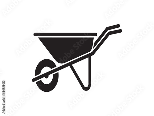 Simple black and white icon of a wheelbarrow representing gardening construction and manual labor
