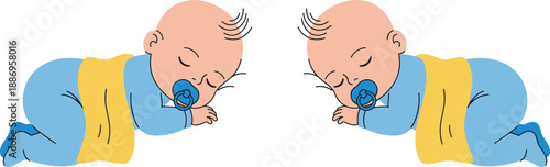 Vector illustration set of a baby sleeping peacefully in a blue sleepsuit with a pacifier and yellow blanket