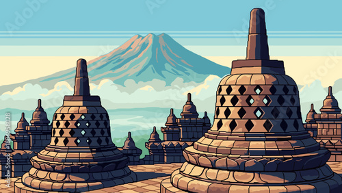Pixel art illustration of Borobudur temple complex with a volcano in the background