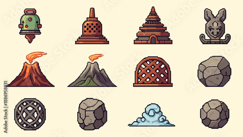 Pixel art icon set featuring ancient structures and natural elements