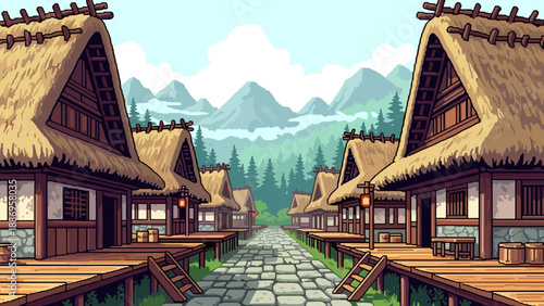 Pixel art village with thatched roofs and mountains in the background