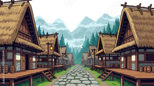 Rustic village pathway with traditional wooden houses and mountain background