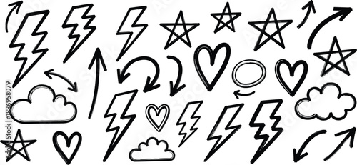 Set of various hand drawn black doodle icons including lightning bolts stars hearts arrows and clouds for creative graphic design vector elements collection.