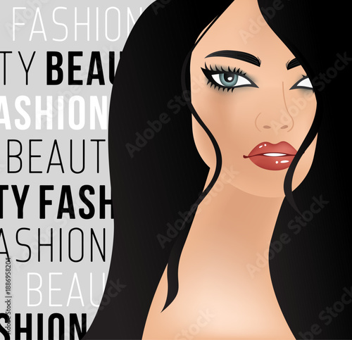 Illustration of a fashionable girl with chic black hair on a gray background.