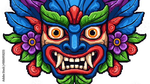 Colorful tribal mask art with intricate details and floral accents