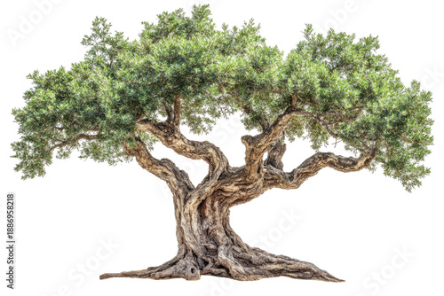 Gnarled tree with thick trunk, vibrant green foliage