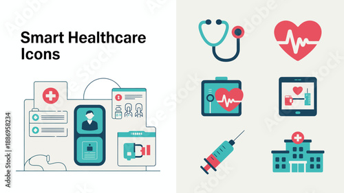 a collection of smart healthcare icons including a stethoscope heart monitor medical records and a hospital building depicted in a modern style high quality professional detailed