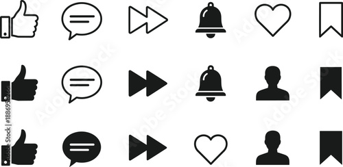 Social media interface icon set, black outline and solid glyph symbols, like comment share notification heart bookmark user vector illustration collection,