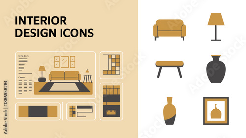 a collection of various interior design elements including sofas lamps vases and furniture illustrated with a minimalist flat design style high quality professional detailed modern elegant