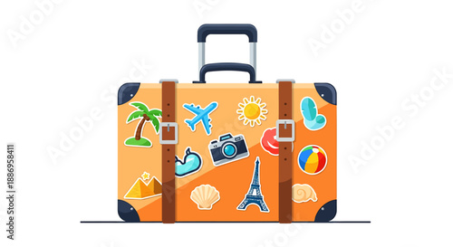 Colorful suitcase with travel stickers