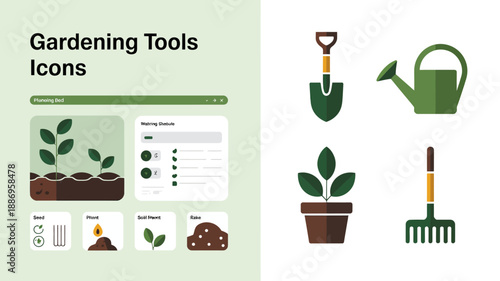 illustrated gardening tools and plant icons showcase a collection of essential items for cultivating and maintaining a vibrant garden space high quality professional detailed modern elegant