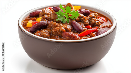 bowl of chili con carne with beans and meat on white background