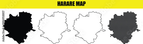 Harare map silhouette pack with various artistic styles including solid fill line art and dotted mesh for zimbabwe city