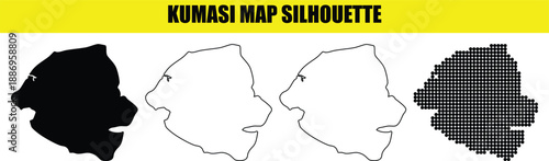 Kumasi map silhouette collection including solid black fill thin outline and pixelated dot styles for ghana city region