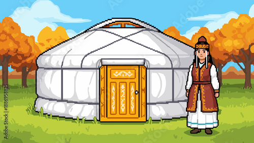 Pixel art of a woman in traditional clothing standing next to a yurt in autumn