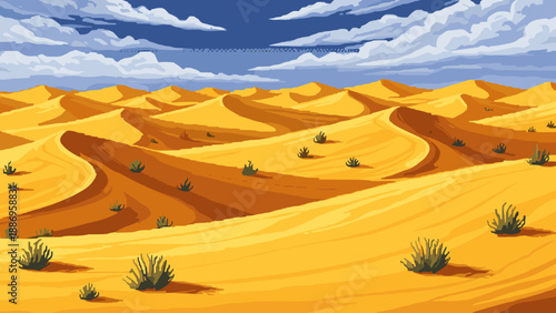 Vast desert landscape with rolling sand dunes under a cloudy blue sky