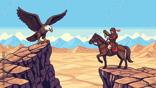 Pixel art eagle on cliff facing horse rider in desert landscape