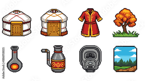 Pixel art icons of nomadic life and nature, including yurts, traditional clothing, and landscapes