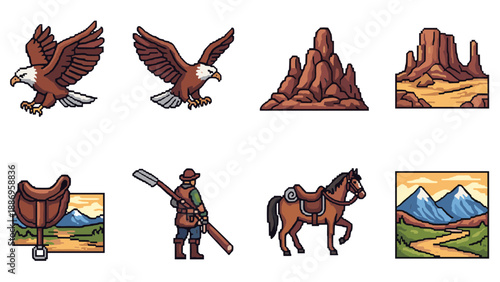 Pixel art collection of western icons including eagles, mountains, cowboy, and horse