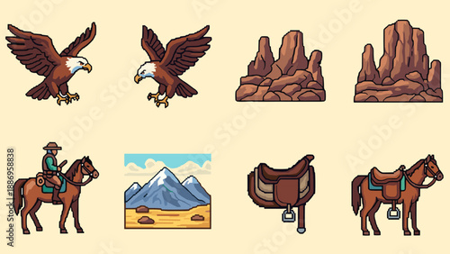 Pixel art collection of western elements including eagles, cowboys, horses, and desert landscapes