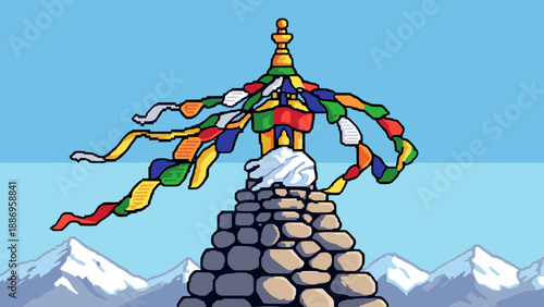 Pixel art stupa with prayer flags fluttering in the wind against a clear blue sky