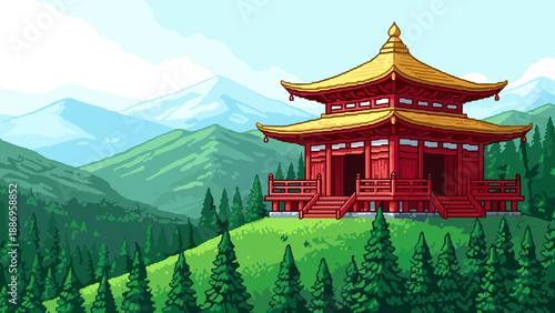 Pixel art red Japanese temple with golden roof nestled in lush green mountains