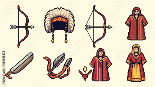 Pixel art collection of ancient warrior and hunter gear and attire