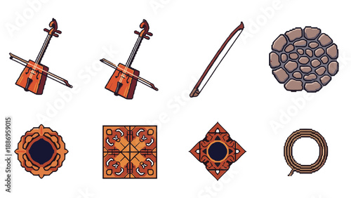 Collection of traditional Mongolian cultural icons and symbols in pixel art style