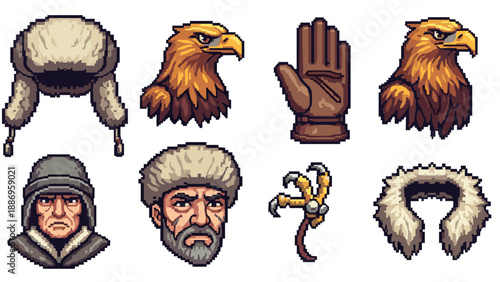 Pixel art collection of winter clothing, eagle heads, and accessories