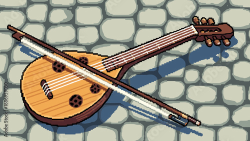 Pixel art lute with bow on stone background, a vintage musical instrument illustration