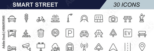 Smart Street vector icon set. With line art designs of traffic, transport, navigation, signals, pedestrians, and urban elements. For apps, web, UI, and city projects.