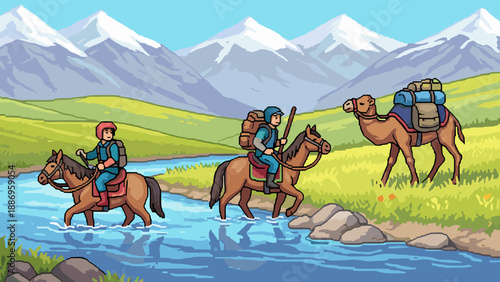 Cartoon travelers on horseback and camel crossing a river in a mountainous landscape
