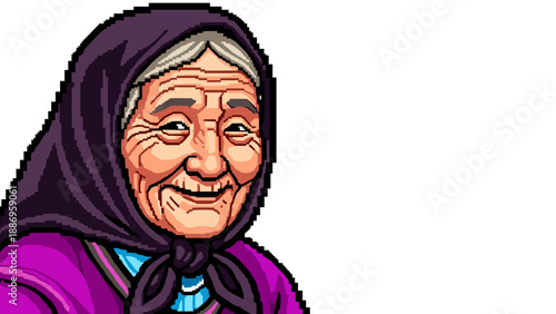 Pixel art portrait of a smiling elderly woman with a headscarf and traditional clothing