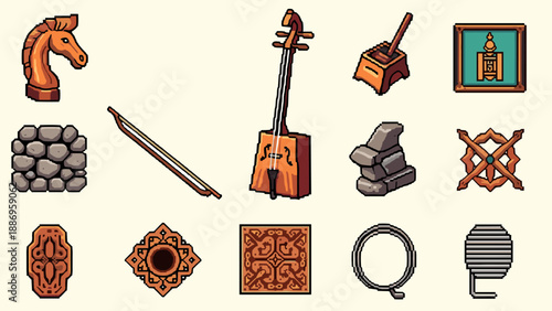 Pixel art icons of Mongolian cultural elements and traditional objects