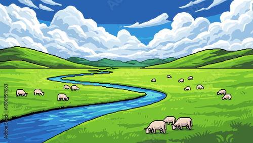 Pixel art pastoral landscape with sheep grazing by a winding river under a cloudy sky