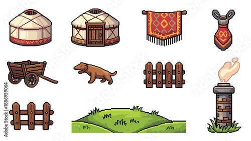 Pixel art collection of nomadic dwelling and rural elements for game design