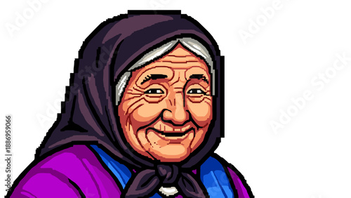 Pixel art portrait of a smiling elderly woman with a headscarf and traditional clothing