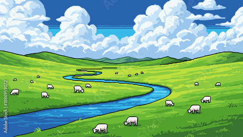 Pixel art pastoral landscape with sheep grazing by a winding river under a cloudy sky