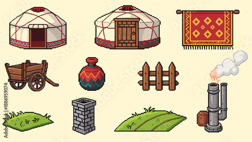 Pixel art collection of traditional nomadic and rural elements for game design