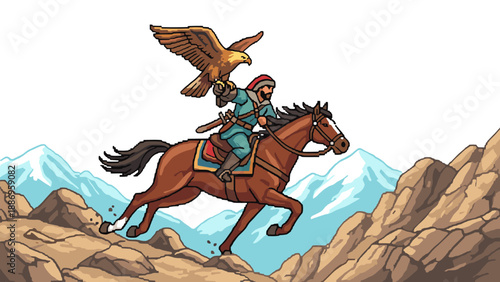 Man on horseback with eagle hunting in rugged mountain landscape, pixel art style