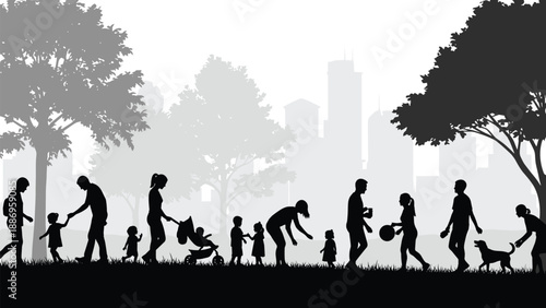 Vector black silhouettes of happy families children and dogs walking in city park with urban skyscraper skyline background for outdoor lifestyle design illustration.
