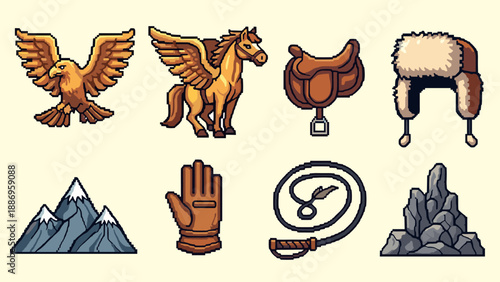 Retro pixel adventure icons: pegasus, eagle, and rugged gear