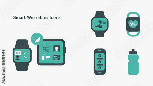 the image displays a collection of modern smart wearable technology icons including smartwatches fitness trackers and a water bottle with integrated sensors high quality professional detailed