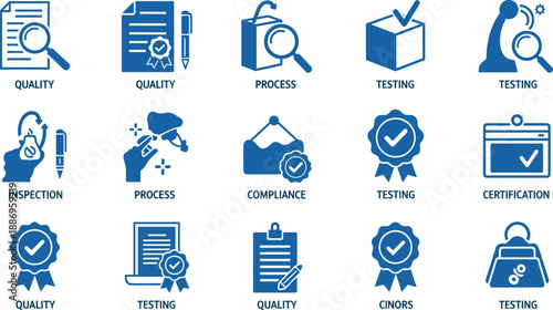 Collection of blue icons representing quality control and compliance processes on a white background