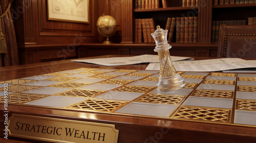 Victorian chess piece on ornate wooden board in luxurious study, evoking strategy and wealth