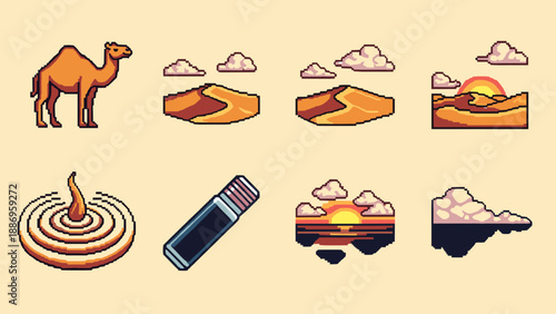 Pixel art desert icons with camel, sand dunes, sunset, spiral, clouds, and lip balm