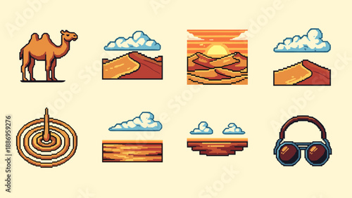 Retro pixel art desert scene with sunset and camel elements