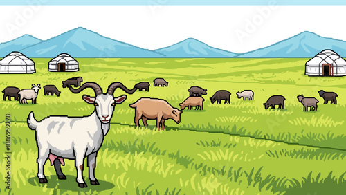 Peaceful pastoral scene with goats and yurts in pixel art style