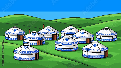 Pixel art scene of traditional yurts on lush green hills under a clear blue sky
