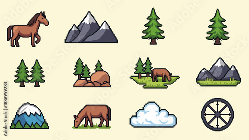 Retro pixel art nature with horses: mountains, trees, and clouds